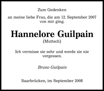 Traueranzeige von Hannelore Guilpain von SAARBRÜCKER ZEITUNG