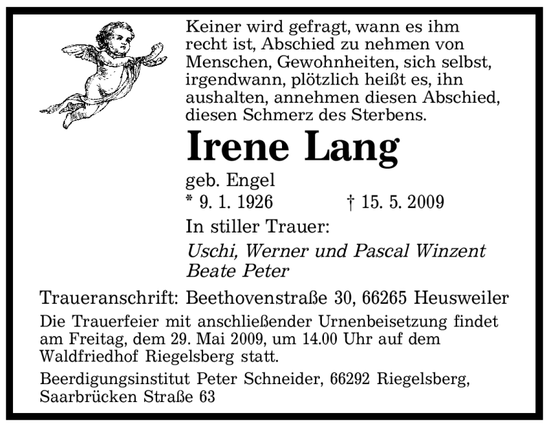  Traueranzeige für Irene Lang vom 25.05.2009 aus SAARBRÜCKER ZEITUNG