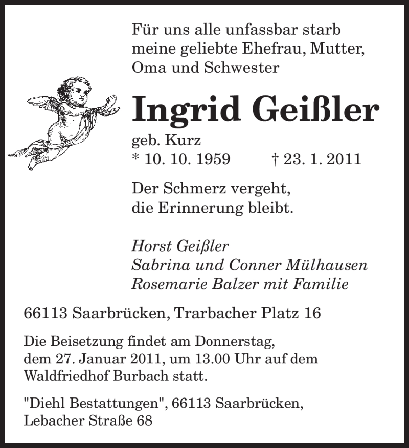  Traueranzeige für Ingrid Geißler vom 25.01.2011 aus SAARBRÜCKER ZEITUNG