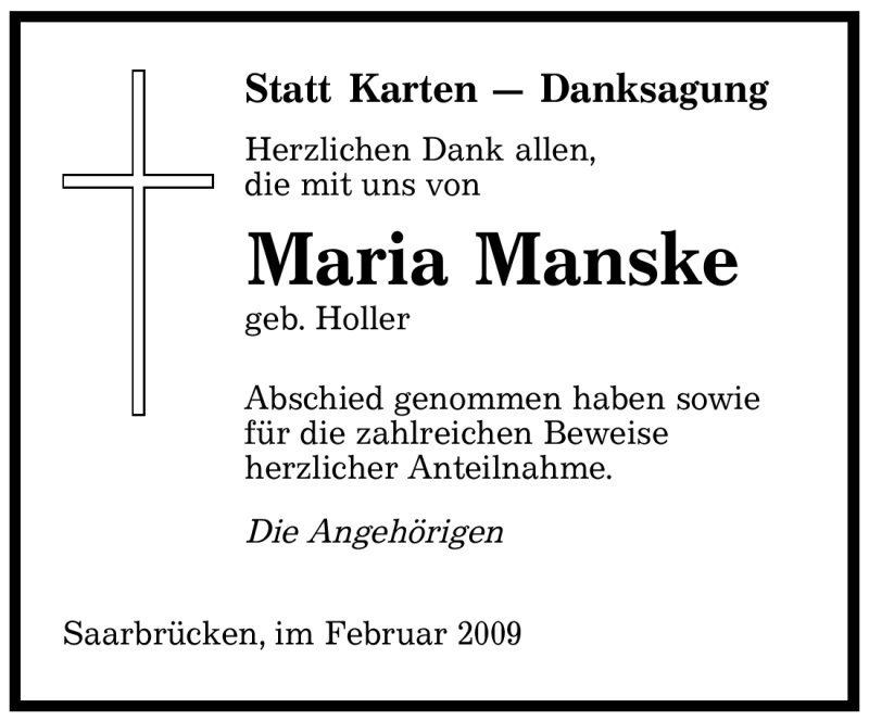  Traueranzeige für Maria Manske vom 21.02.2009 aus SAARBRÜCKER ZEITUNG