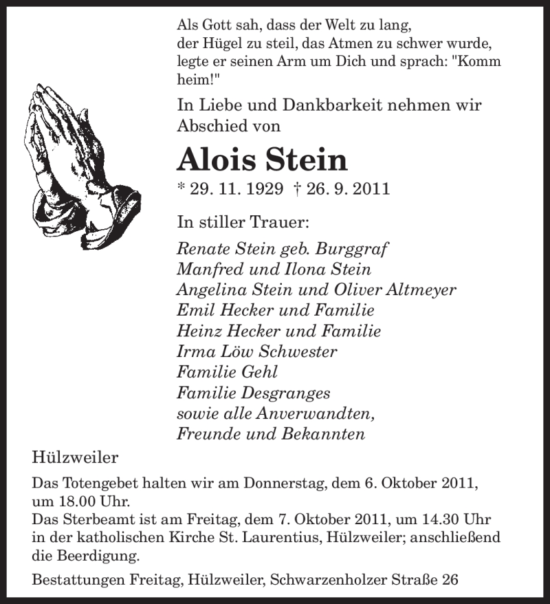  Traueranzeige für Alois Stein vom 05.10.2011 aus SAARBRÜCKER ZEITUNG