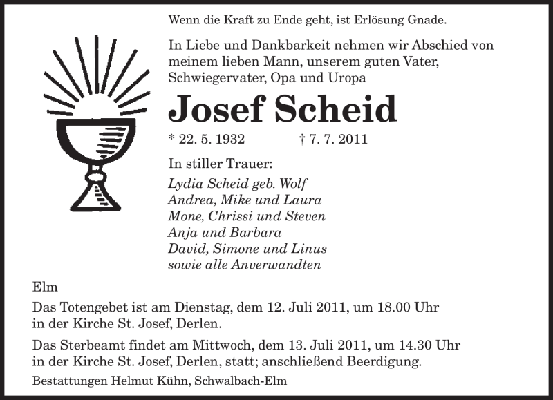  Traueranzeige für Josef Scheid vom 09.07.2011 aus SAARBRÜCKER ZEITUNG