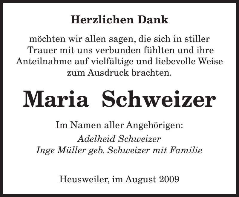  Traueranzeige für Maria Schweizer vom 19.08.2009 aus SAARBRÜCKER ZEITUNG