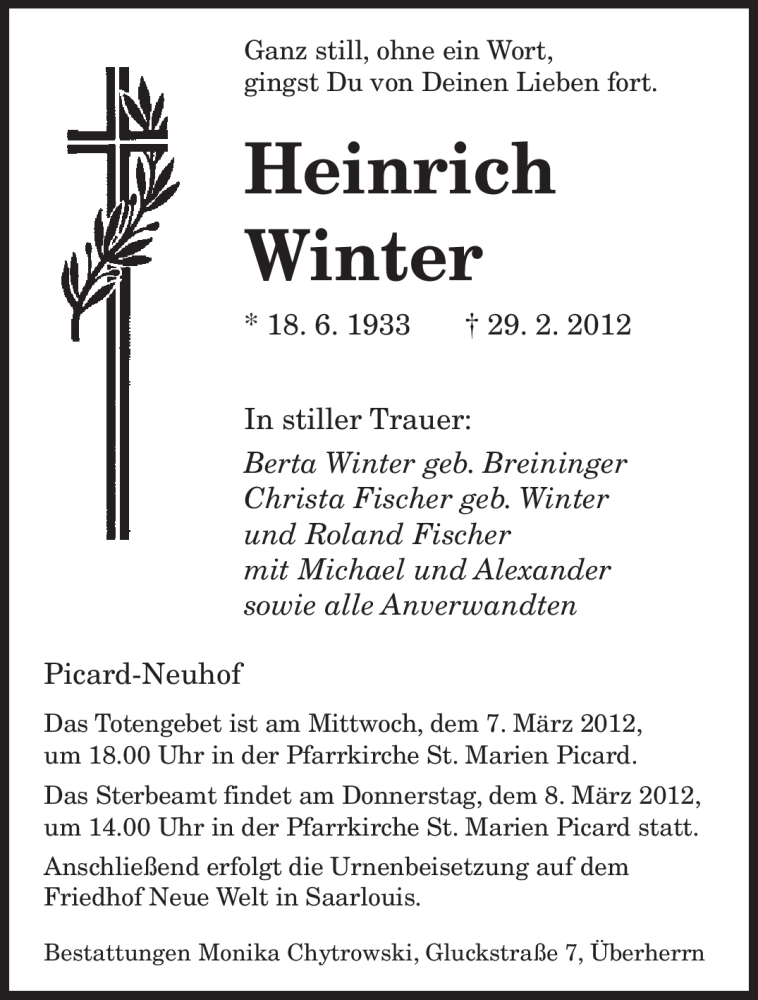  Traueranzeige für Heinrich Winter vom 05.03.2012 aus SAARBRÜCKER ZEITUNG