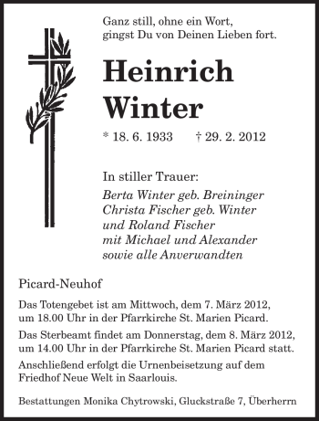 Traueranzeige von Heinrich Winter von SAARBRÜCKER ZEITUNG