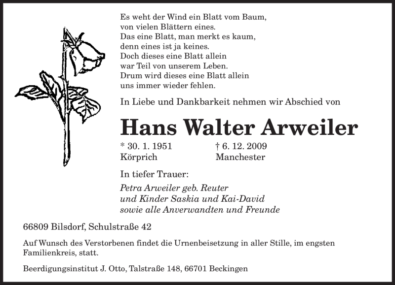  Traueranzeige für Hans Walter Arweiler vom 06.01.2010 aus SAARBRÜCKER ZEITUNG