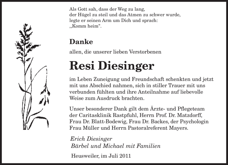  Traueranzeige für Resi Diesinger vom 16.07.2011 aus SAARBRÜCKER ZEITUNG