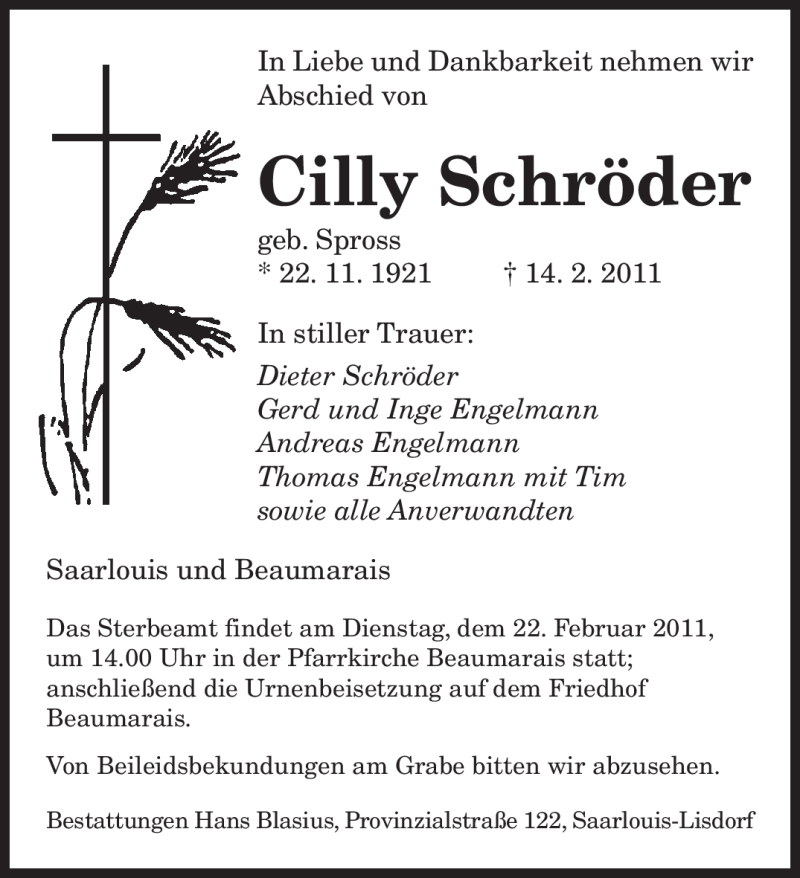  Traueranzeige für Cilly Schröder vom 19.02.2011 aus SAARBRÜCKER ZEITUNG