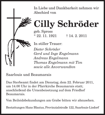 Traueranzeige von Cilly Schröder von SAARBRÜCKER ZEITUNG