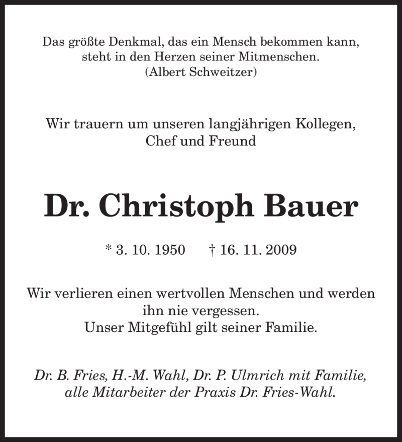  Traueranzeige für Christoph Bauer vom 18.11.2009 aus SAARBRÜCKER ZEITUNG