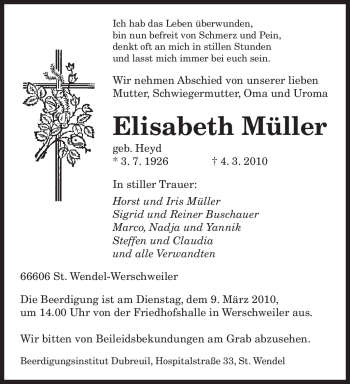 Traueranzeige von Elisabeth Müller von SAARBRÜCKER ZEITUNG