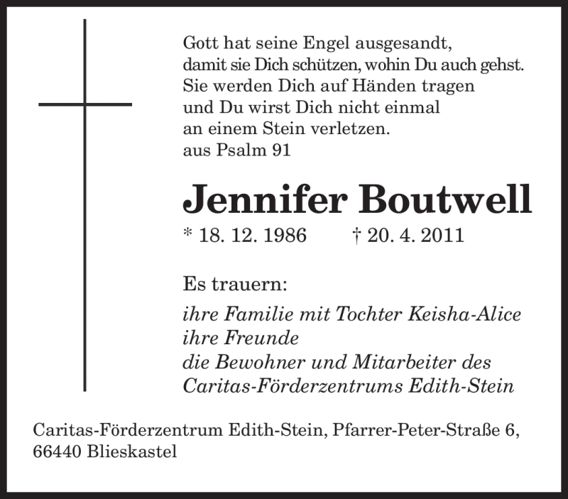  Traueranzeige für Jennifer Boutwell vom 26.04.2011 aus SAARBRÜCKER ZEITUNG