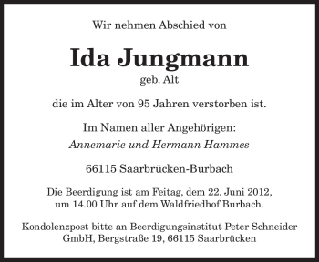 Traueranzeige von Ida Jungmann von SAARBRÜCKER ZEITUNG