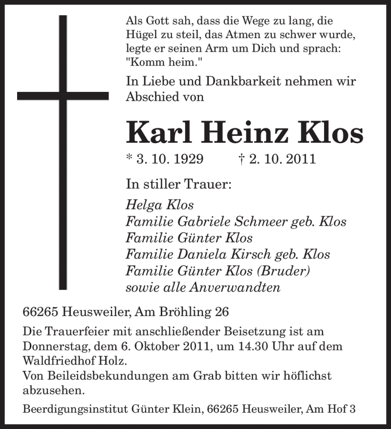  Traueranzeige für Karl Heinz Klos vom 05.10.2011 aus SAARBRÜCKER ZEITUNG