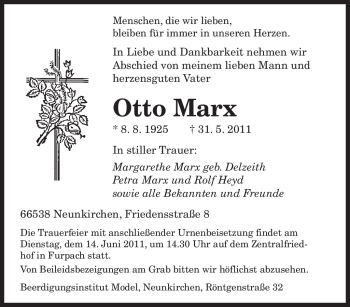 Traueranzeige von Otto Marx von SAARBRÜCKER ZEITUNG
