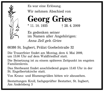 Traueranzeige von Georg Gries von SAARBRÜCKER ZEITUNG
