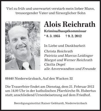 Traueranzeige von Alois Reichrath von SAARBRÜCKER ZEITUNG