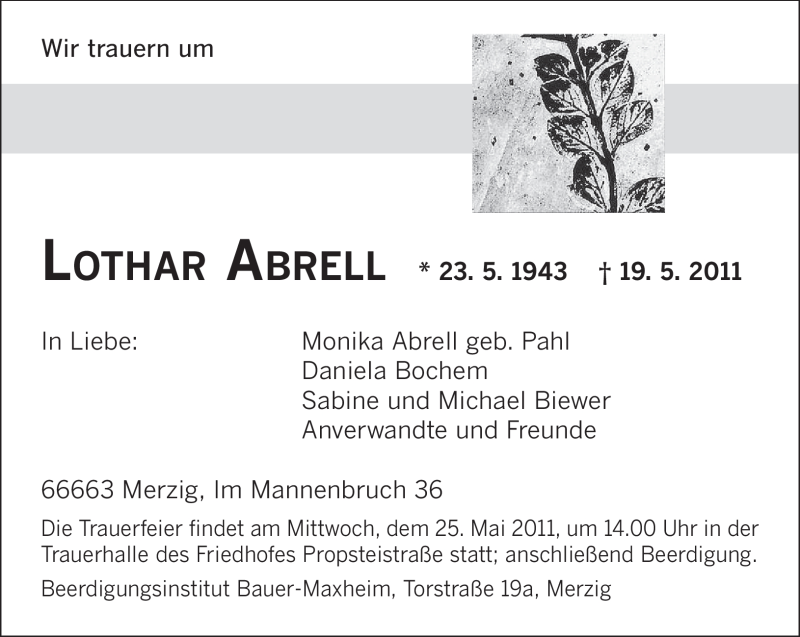  Traueranzeige für Lothar Abrell vom 21.05.2011 aus SAARBRÜCKER ZEITUNG