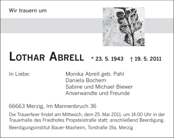 Traueranzeige von Lothar Abrell von SAARBRÜCKER ZEITUNG