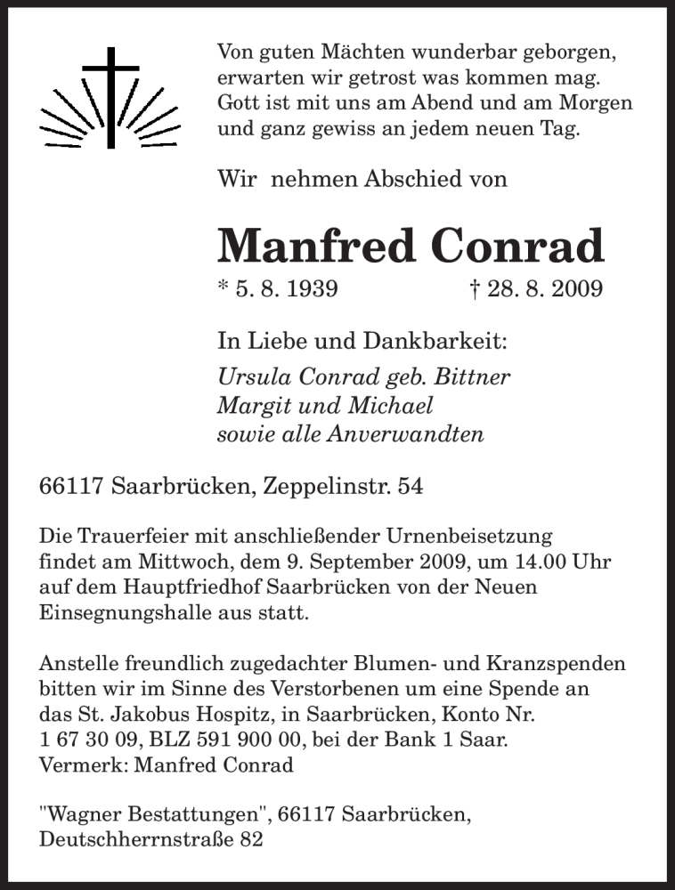  Traueranzeige für Manfred Conrad vom 05.09.2009 aus SAARBRÜCKER ZEITUNG