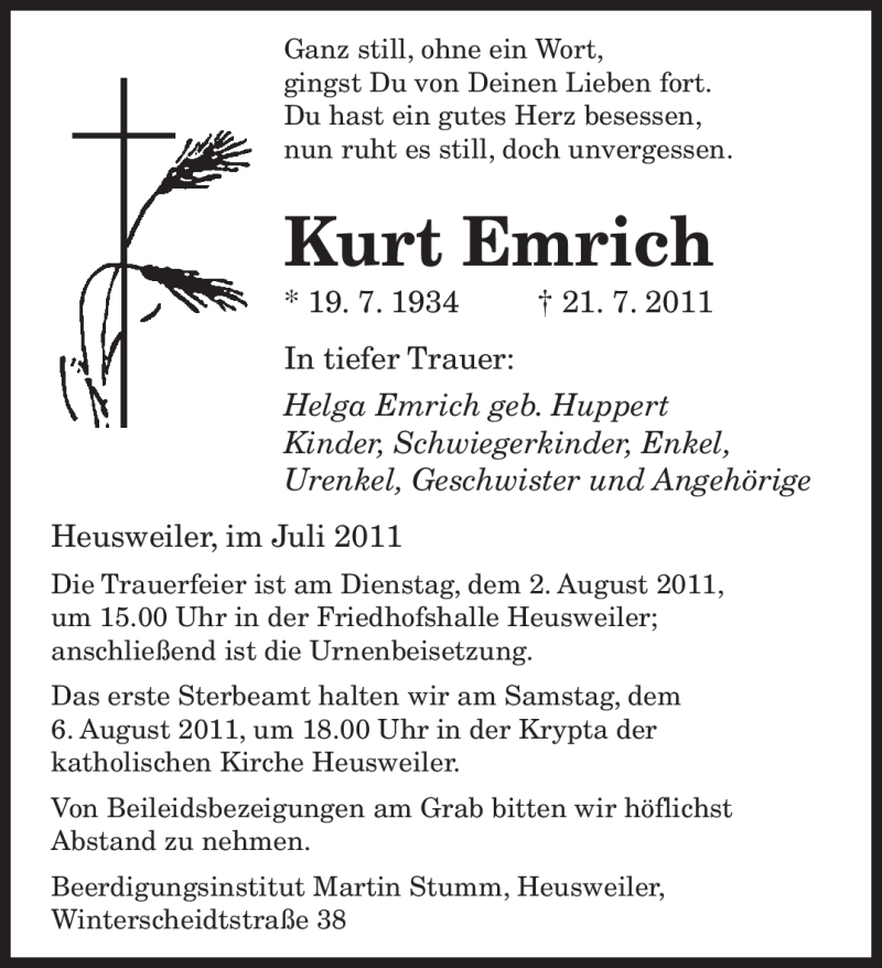  Traueranzeige für Kurt Emrich vom 30.07.2011 aus SAARBRÜCKER ZEITUNG