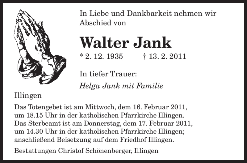  Traueranzeige für Walter Jank vom 15.02.2011 aus SAARBRÜCKER ZEITUNG