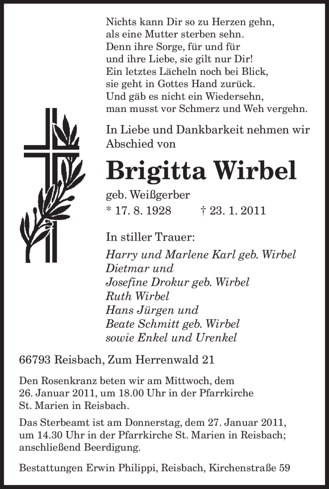  Traueranzeige für Brigitta Wirbel vom 25.01.2011 aus SAARBRÜCKER ZEITUNG