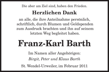 Traueranzeige von Franz-Karl Barth von SAARBRÜCKER ZEITUNG