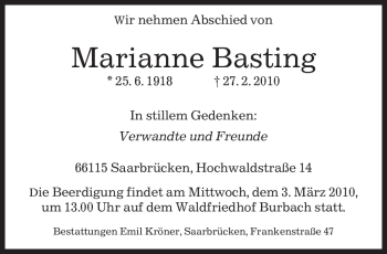 Traueranzeige von Marianne Basting von SAARBRÜCKER ZEITUNG