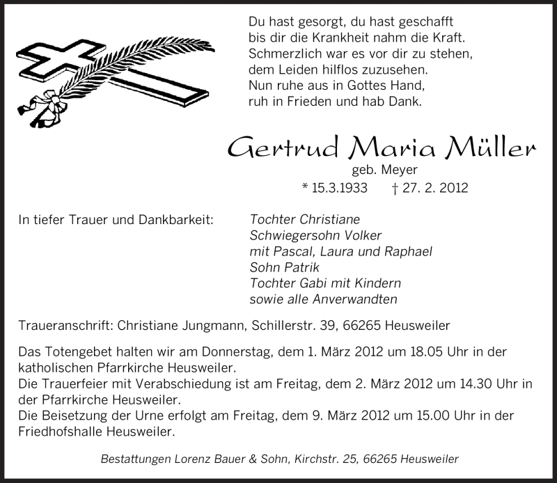  Traueranzeige für Gertrud Maria Müller vom 29.02.2012 aus SAARBRÜCKER ZEITUNG
