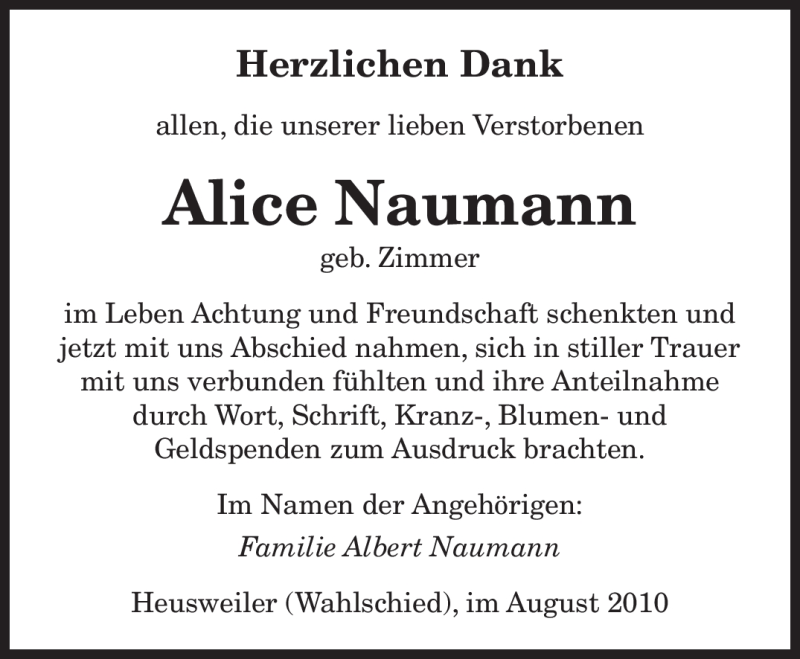  Traueranzeige für Alice Naumann vom 07.08.2010 aus SAARBRÜCKER ZEITUNG