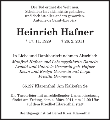 Traueranzeige von Heinrich Hafner von SAARBRÜCKER ZEITUNG