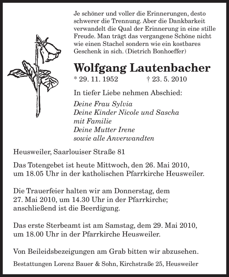  Traueranzeige für Wolfgang Lautenbacher vom 26.05.2010 aus SAARBRÜCKER ZEITUNG