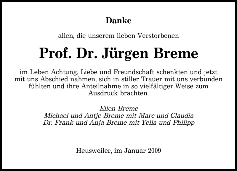  Traueranzeige für Jürgen Breme vom 10.01.2009 aus SAARBRÜCKER ZEITUNG