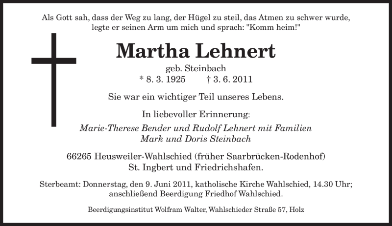  Traueranzeige für Martha Lehnert vom 06.06.2011 aus SAARBRÜCKER ZEITUNG