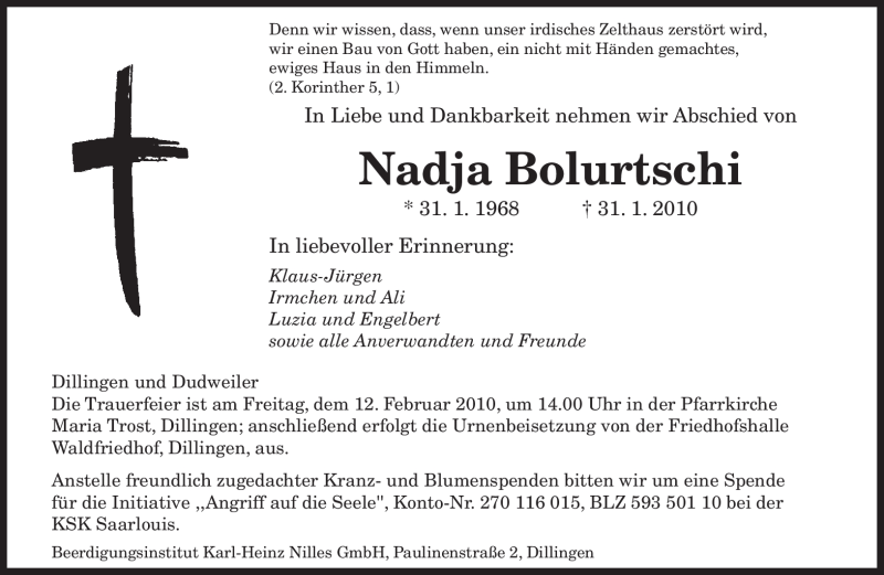  Traueranzeige für Nadja Bolurtschi vom 06.02.2010 aus SAARBRÜCKER ZEITUNG