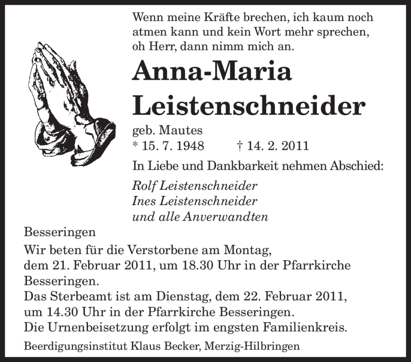  Traueranzeige für Anna-Maria Leistenschneider vom 18.02.2011 aus SAARBRÜCKER ZEITUNG