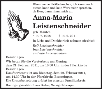 Traueranzeige von Anna-Maria Leistenschneider von SAARBRÜCKER ZEITUNG