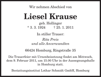 Traueranzeige von Liesel Krause von SAARBRÜCKER ZEITUNG