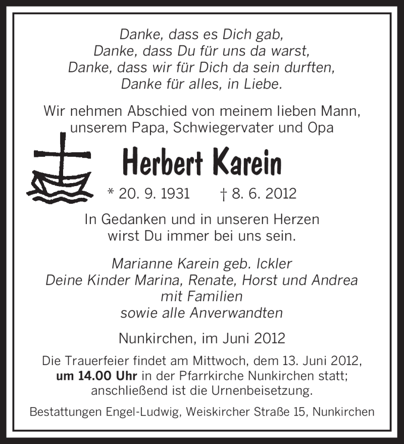  Traueranzeige für Herbert Karein vom 12.06.2012 aus SAARBRÜCKER ZEITUNG