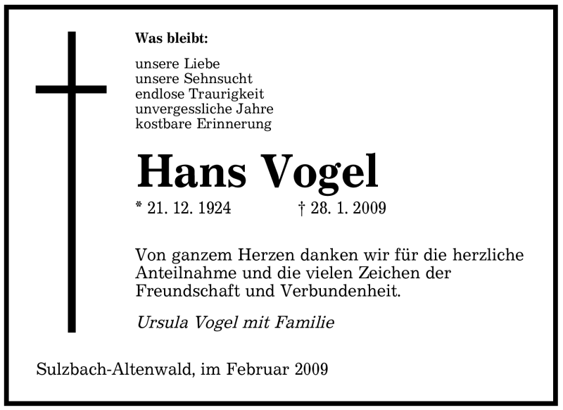  Traueranzeige für Hans Vogel vom 21.02.2009 aus SAARBRÜCKER ZEITUNG