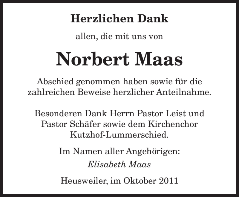  Traueranzeige für Norbert Maas vom 08.10.2011 aus SAARBRÜCKER ZEITUNG