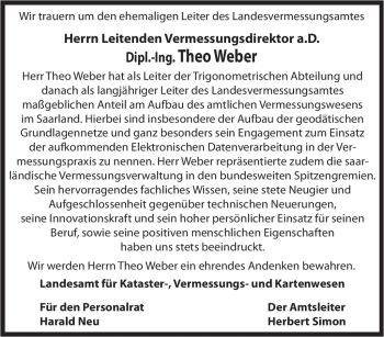 Traueranzeige von Theo Weber von SAARBRÜCKER ZEITUNG