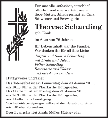 Traueranzeige von Therese Scharding von SAARBRÜCKER ZEITUNG