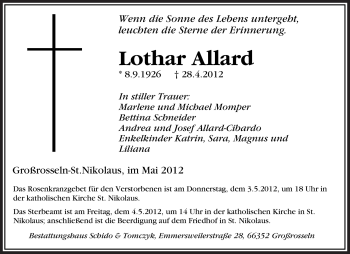 Traueranzeige von Lothar Allard von SAARBRÜCKER ZEITUNG