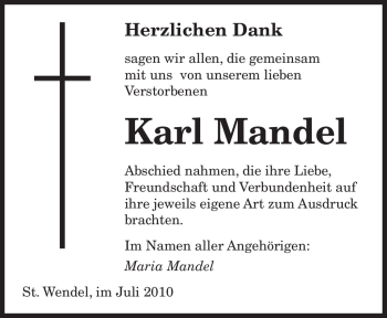 Traueranzeige von Karl Mandel von SAARBRÜCKER ZEITUNG