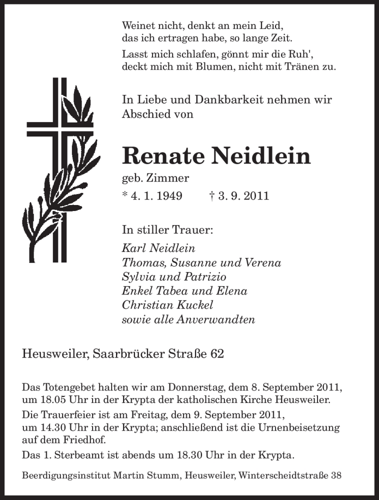  Traueranzeige für Renate Neidlein vom 06.09.2011 aus SAARBRÜCKER ZEITUNG