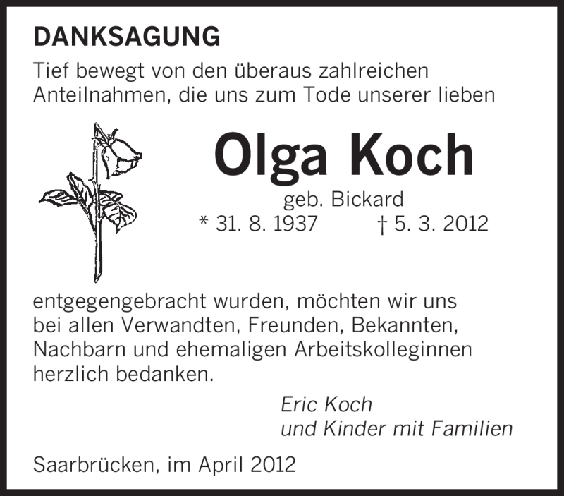  Traueranzeige für Olga Koch vom 05.04.2012 aus SAARBRÜCKER ZEITUNG