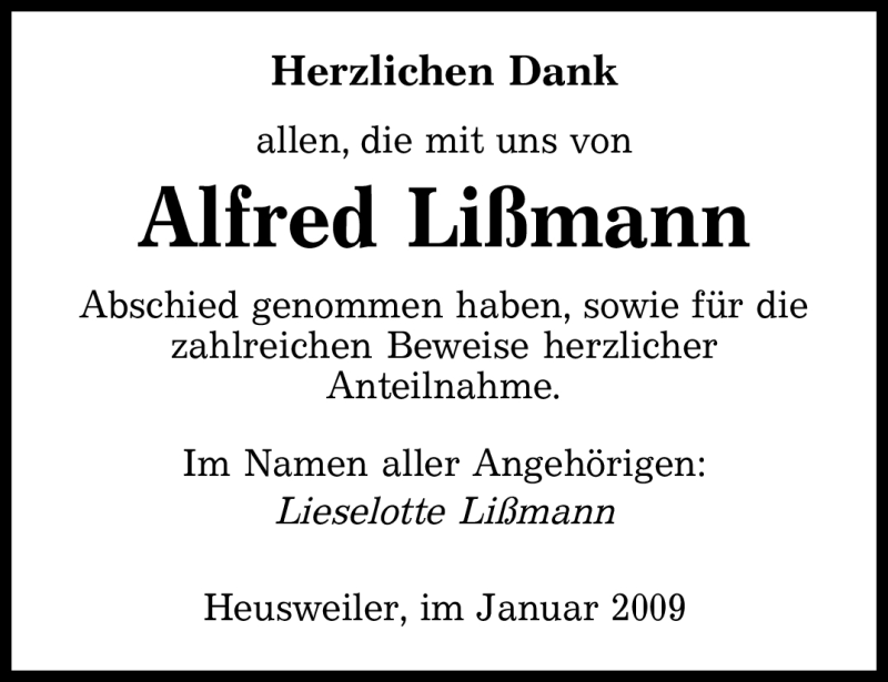  Traueranzeige für Alfred Lißmann vom 17.01.2009 aus SAARBRÜCKER ZEITUNG