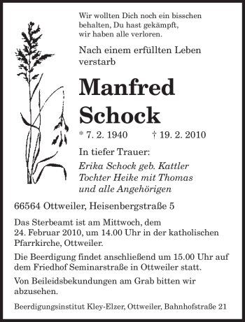 Traueranzeige von Manfred Schock von SAARBRÜCKER ZEITUNG